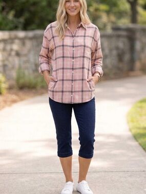 Lane Bryant Pink Plaid Button-Down Shirt - Long Sleeve